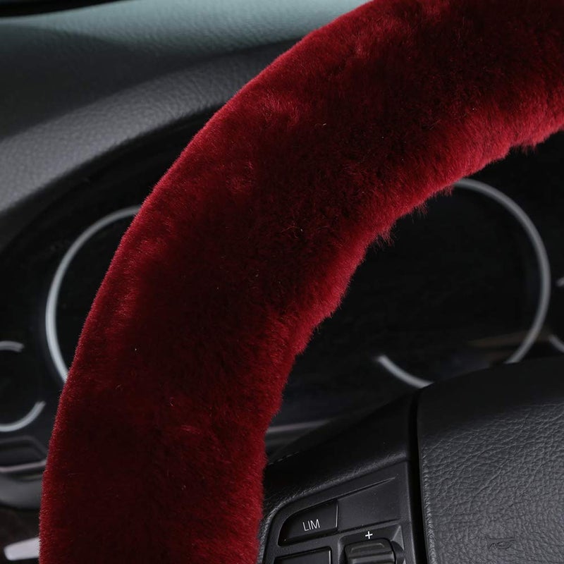 OGLAND Furry Fluffy Wool Sheepskin Car Steering Wheel Cover for Girls Women Universal car 14 1/2-15 1/2inchs(Grape Red) - Image 3
